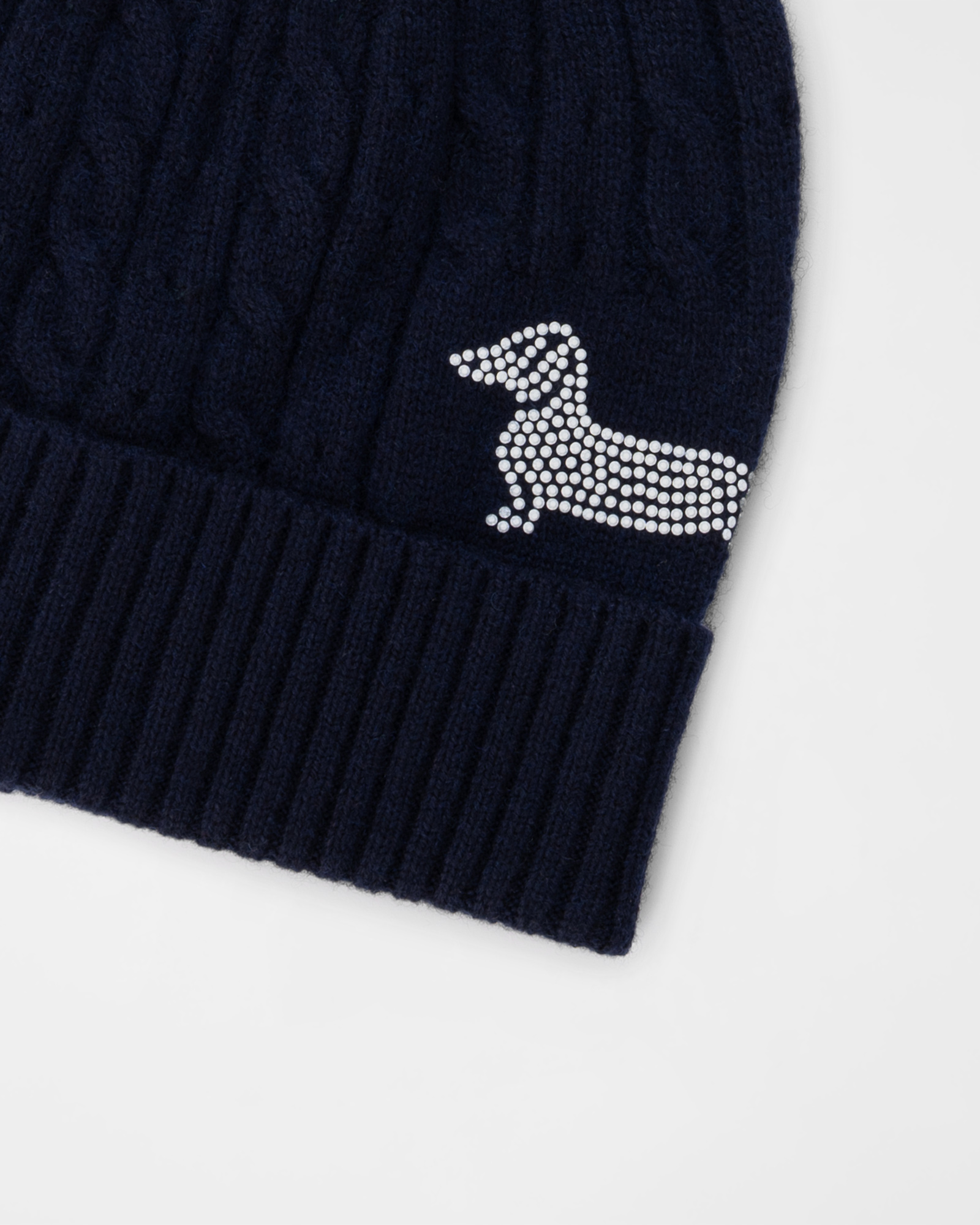 Women's beanie in wool blend with pom pom and braided knit, NAVY BLUE, large