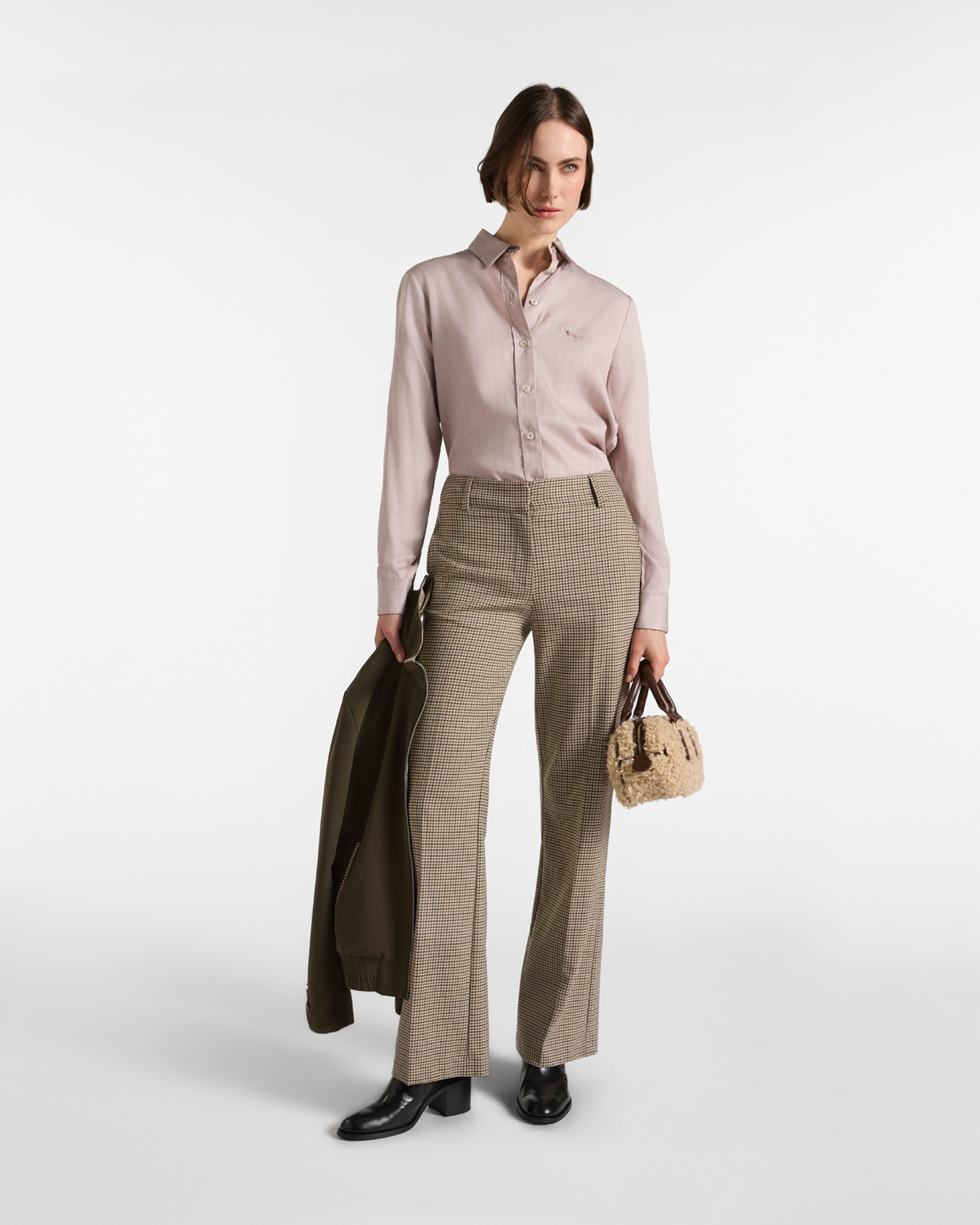 Women's flowing sand-shade pinstripe fabric shirt, BEIGE, large