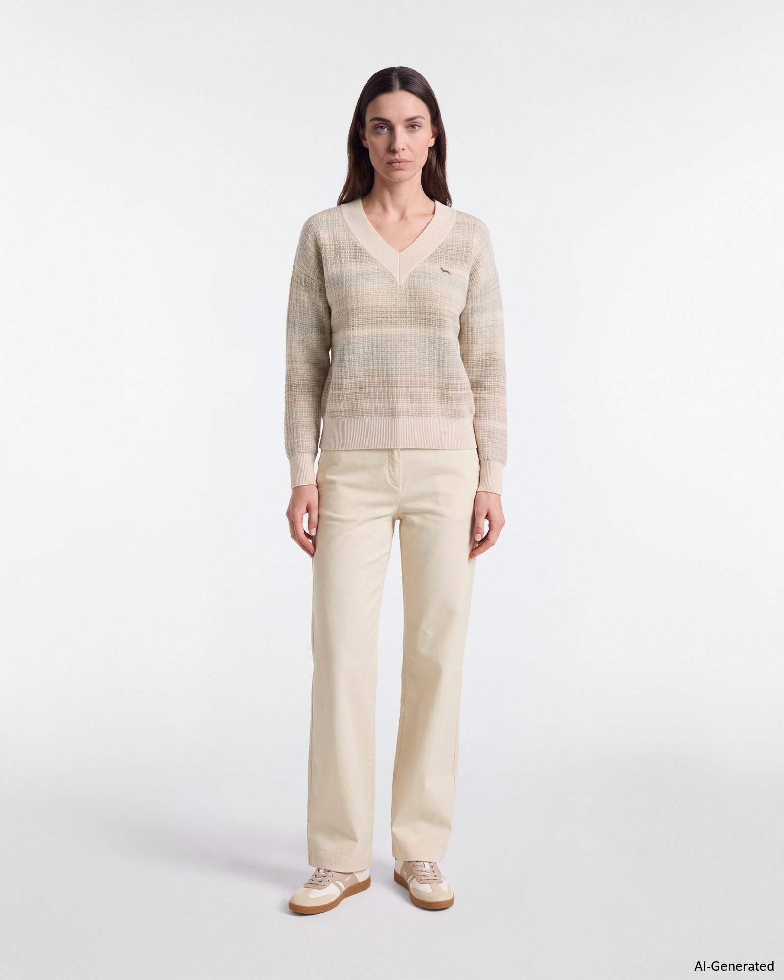 Pul&oacute;ver Mujer con cuello de pico profundo en 100 % pura lana Made in Italy, TORTORA, large