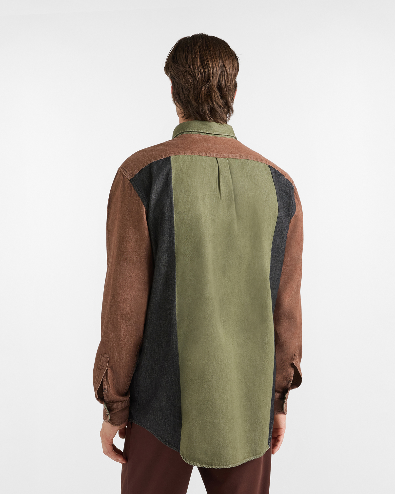 Men's colorful classic fit shirt in patchwork denim, BROWN, large
