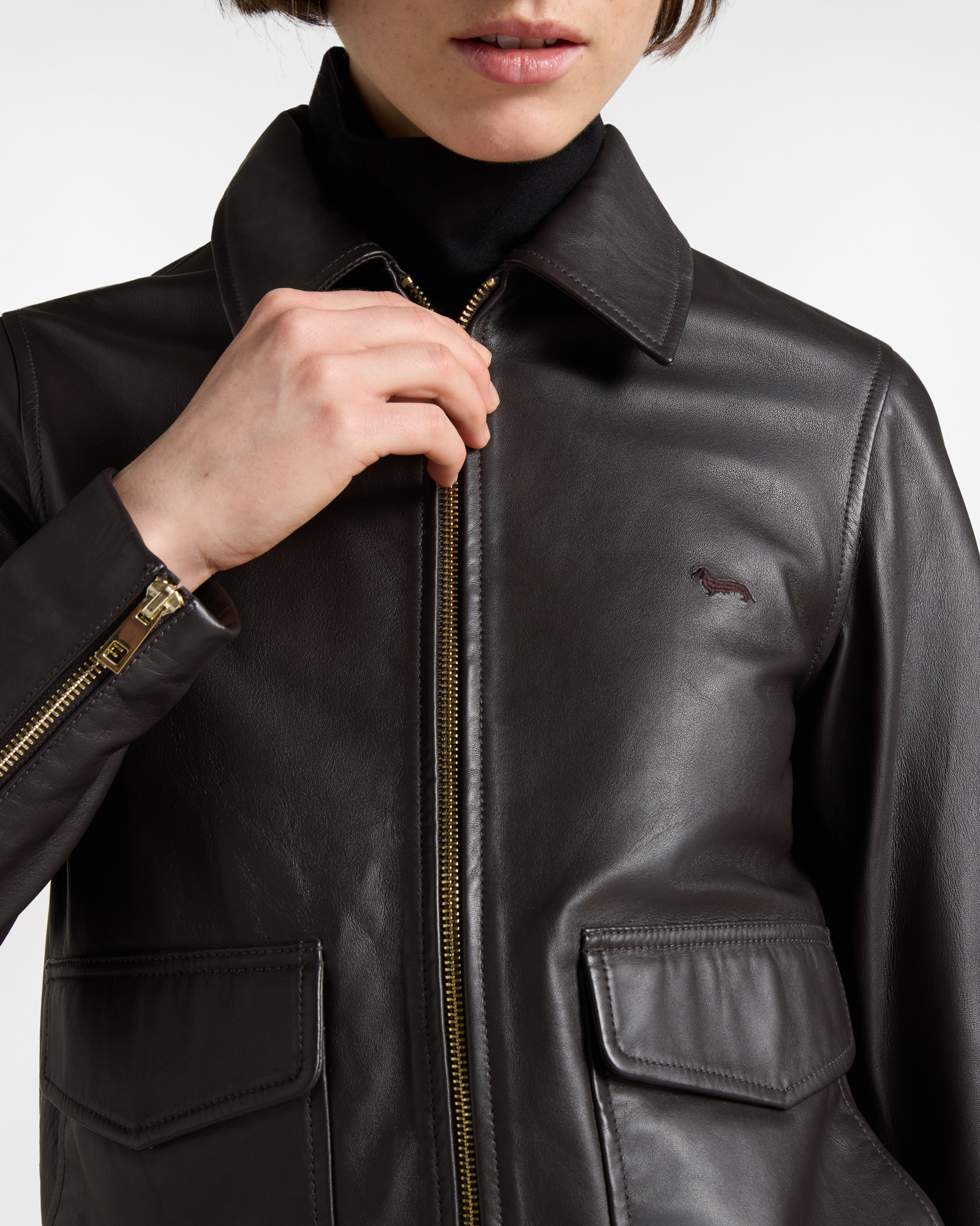 Women&rsquo;s Nappa Leather Jacket with Ribbed Hem, DARK BROWN, large