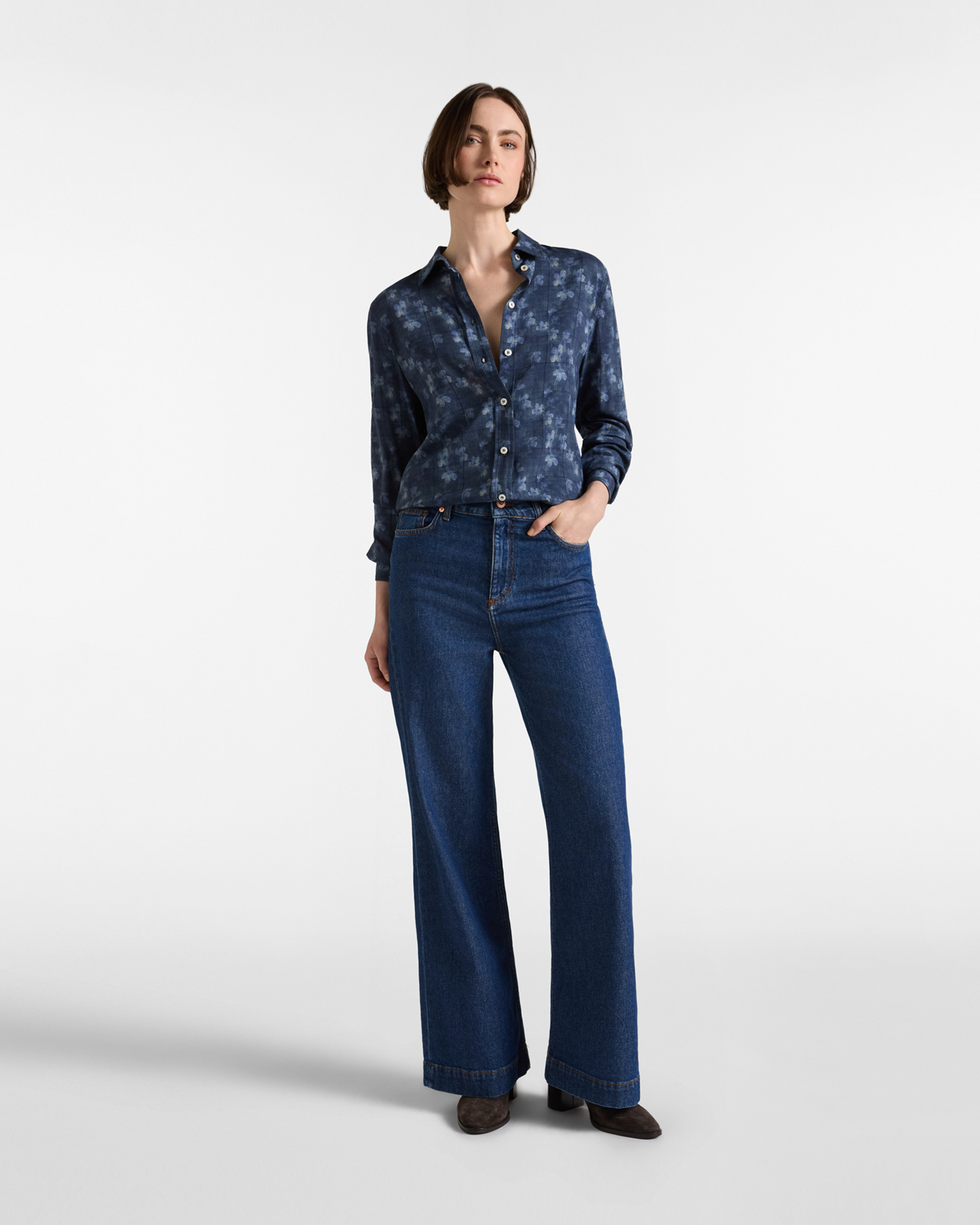 Women's faded dark blue floral print shirt, BLUE, large