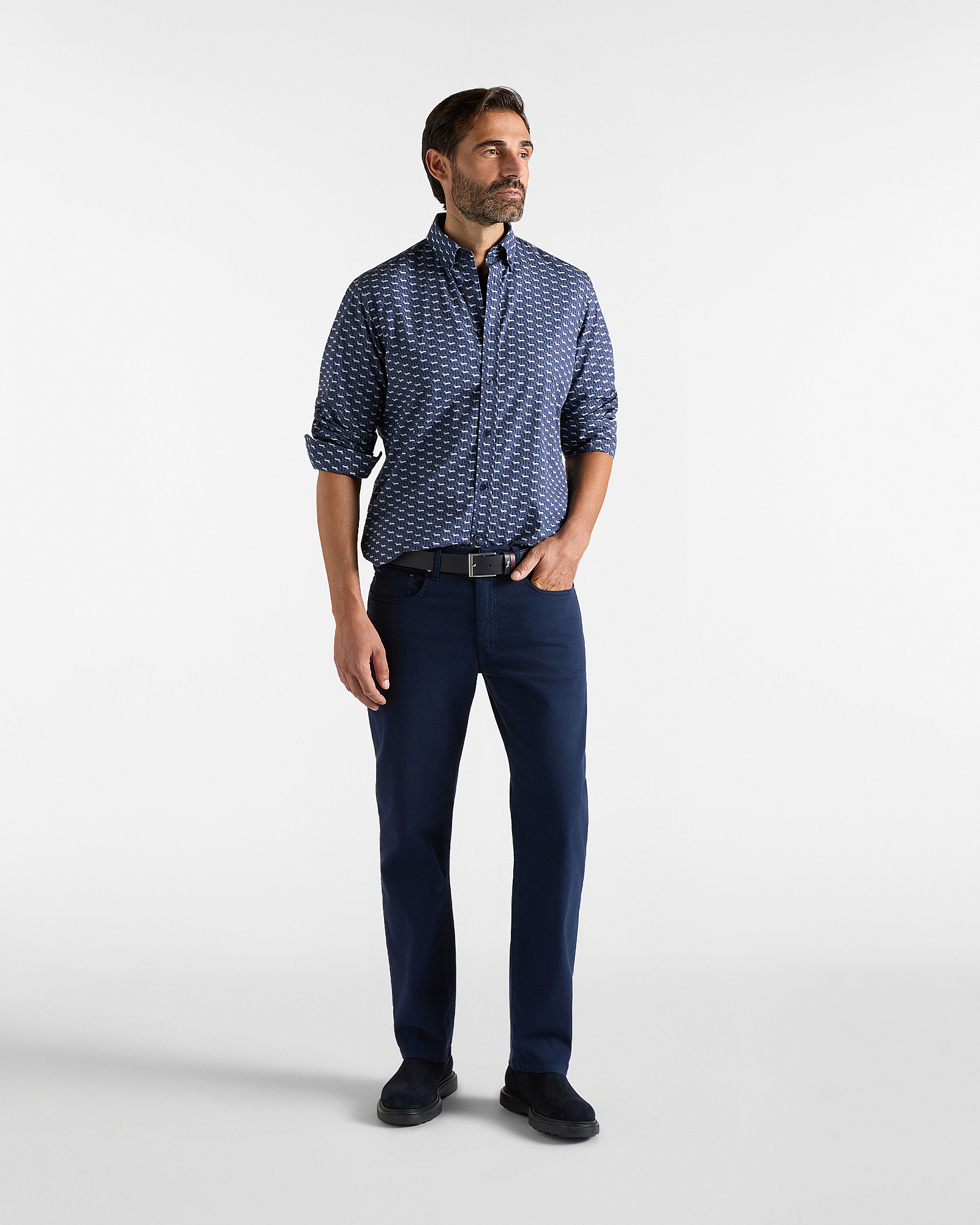 Men&rsquo;s cotton poplin shirt with all-over Bassotti print, NAVY BLUE, large