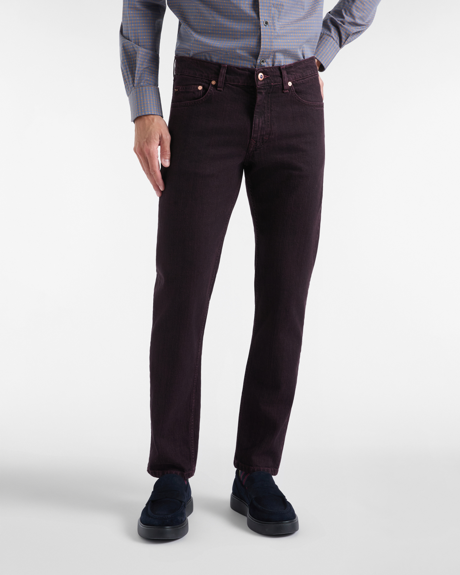 Herren-5-Pocket-Jeans aus dunkelviolettem Stretch-Baumwoll-Denim