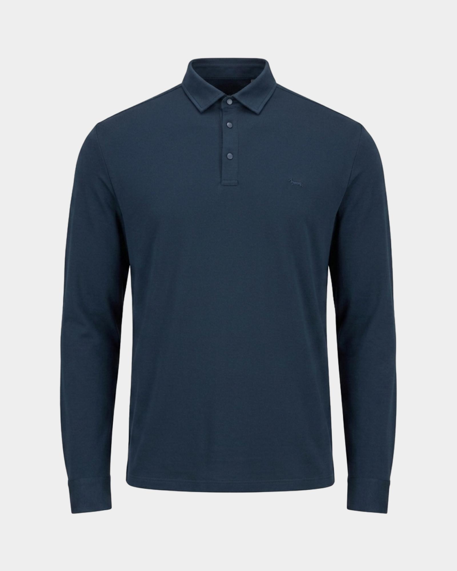 Men's long-sleeve gray stretch cotton piqu&eacute; polo shirt, NAVY BLUE, large