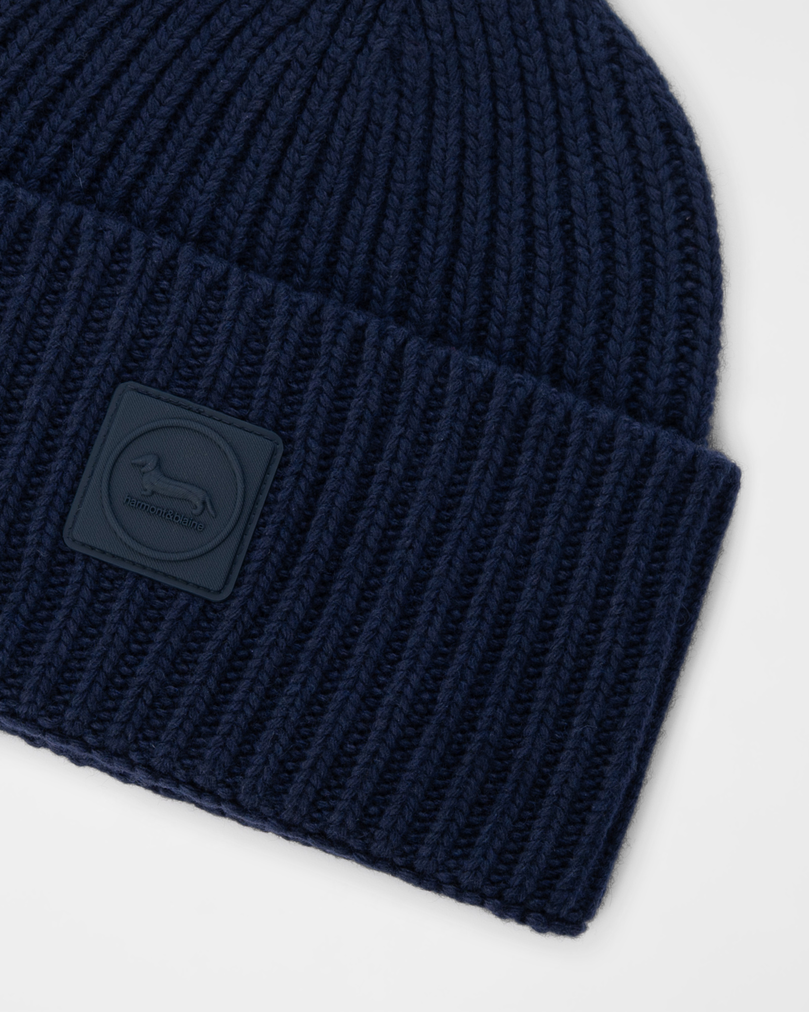 Men&rsquo;s wool and cashmere blend beanie with dachshund patch, NAVY BLUE, large