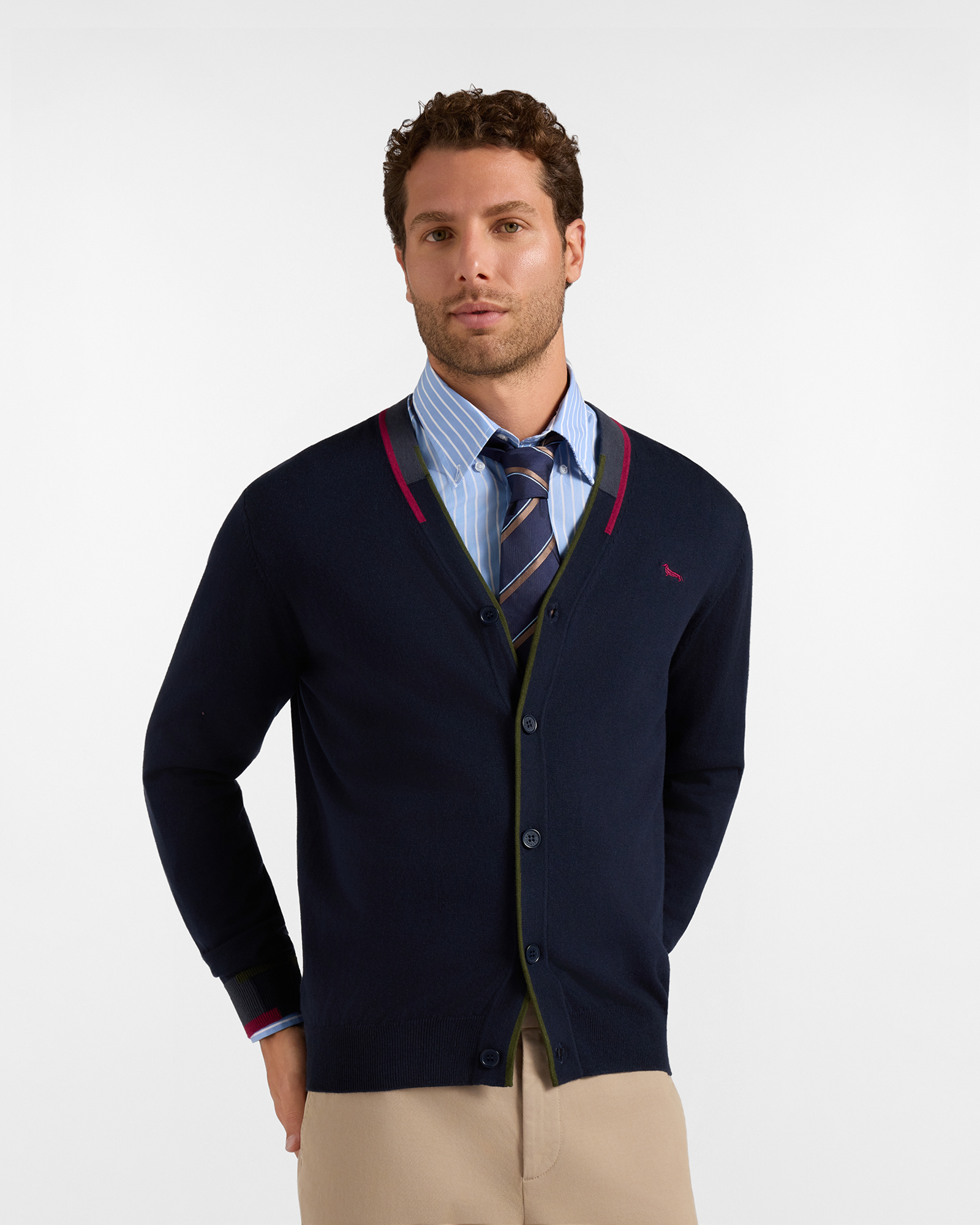 Men's V-neck cardigan in a blue wool and cotton blend with regular fit
