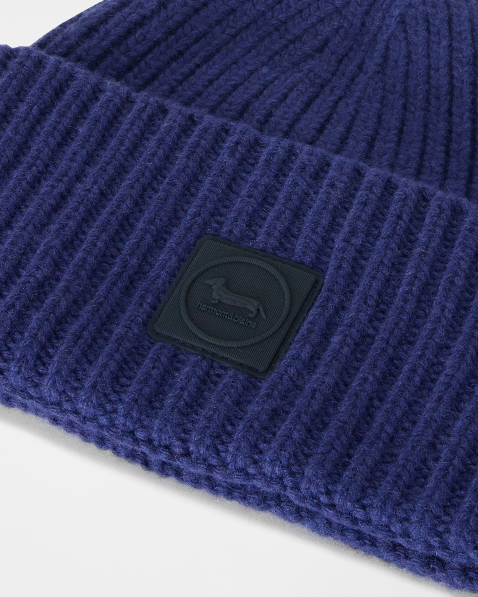 Men&rsquo;s wool and cashmere blend beanie with dachshund patch, DARK PURPLE, large