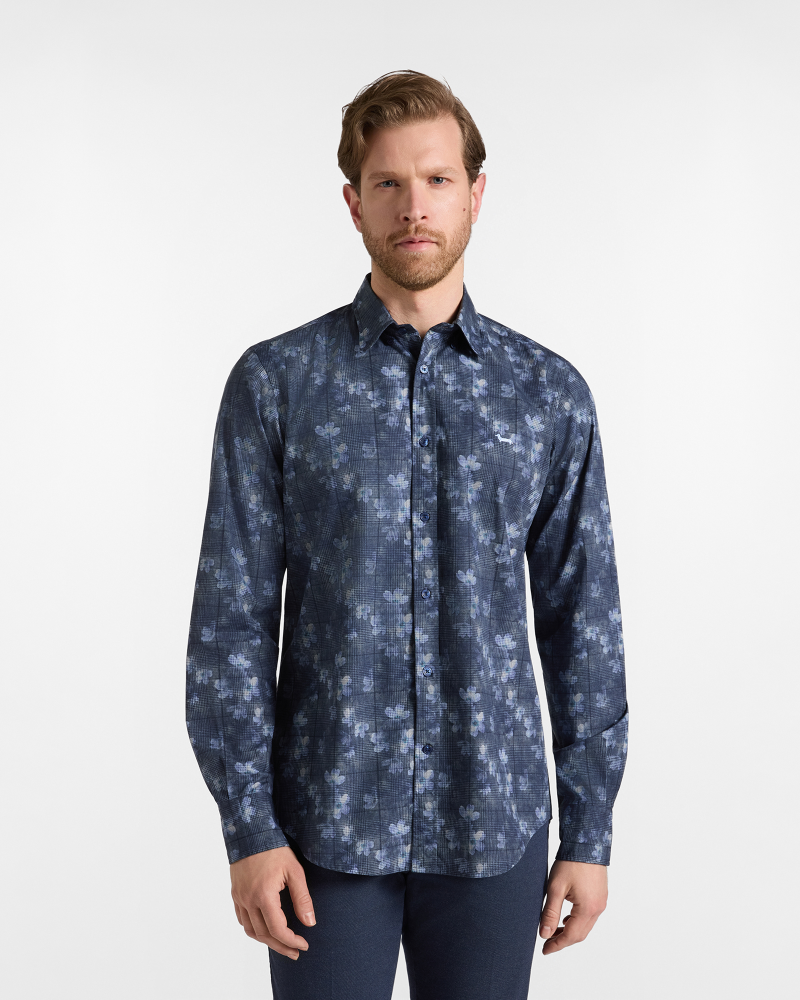 Camicia Uomo popeline stampa Principe di Galles e fiore Regular Fit blu