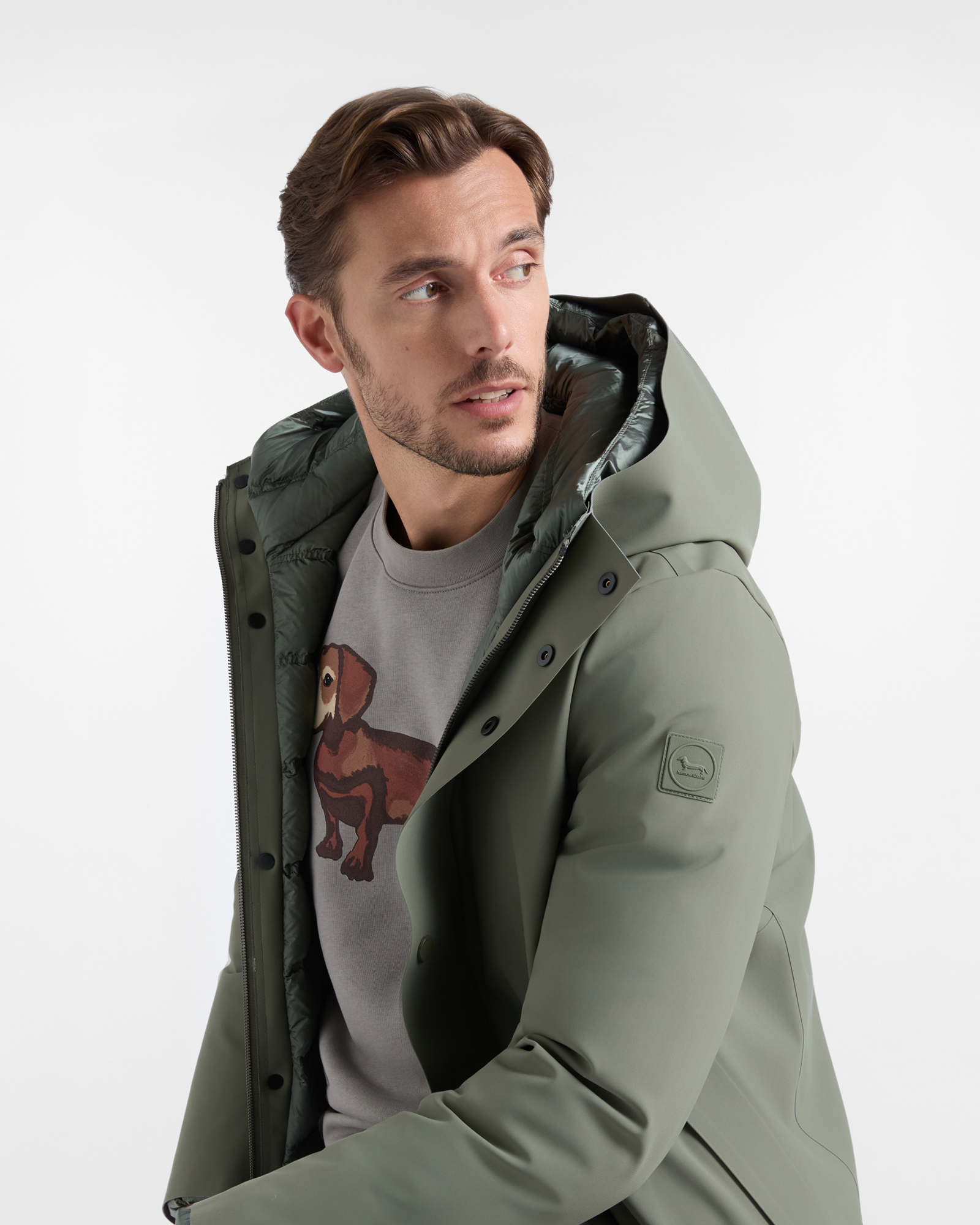 Men&rsquo;s technical trench coat with hood in black stretch nylon, PETROLEUM GREEN, large