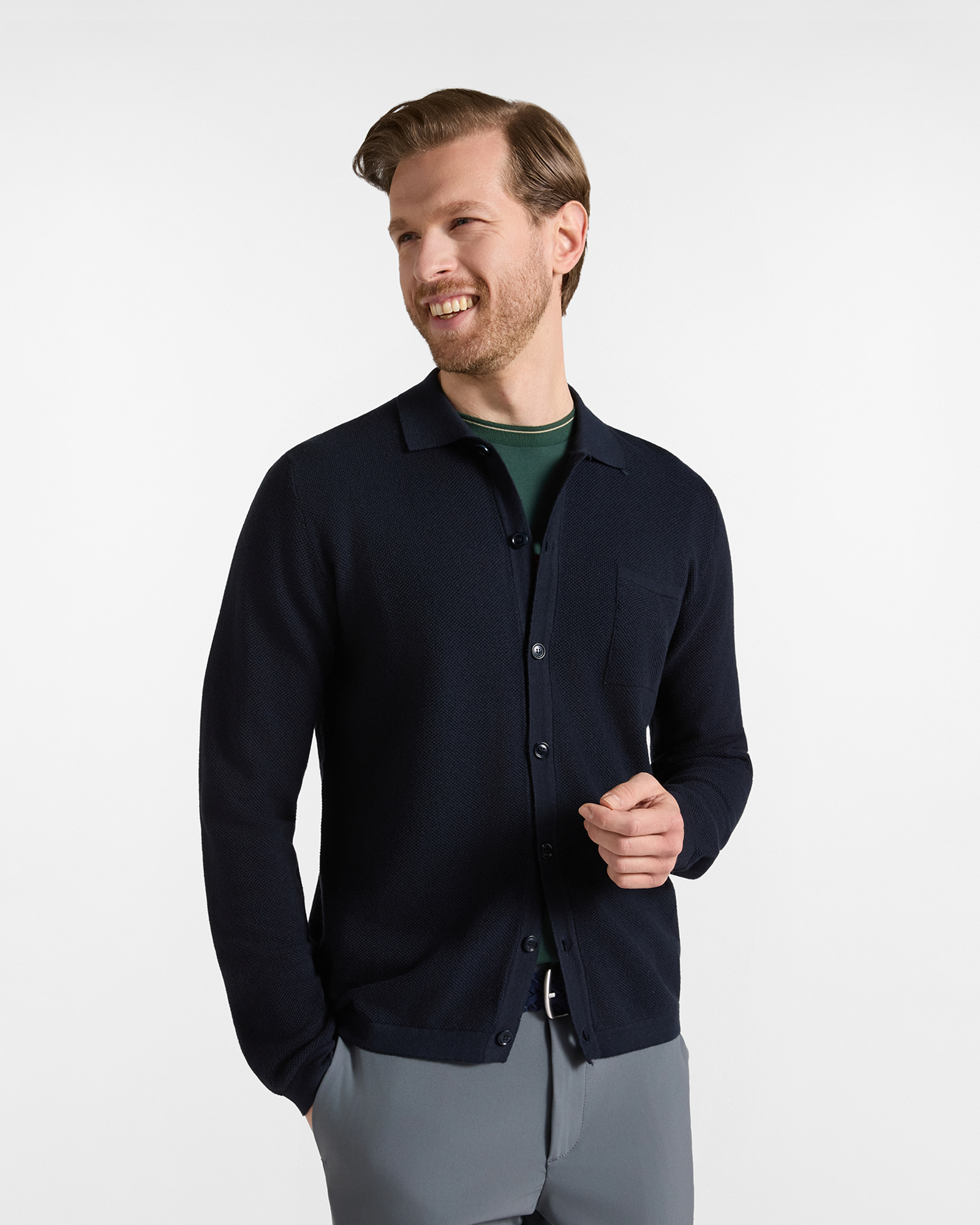 Maglia Uomo con colletto polo abbottonato in misto lana e cotone blu Regular Fit Made in Italy