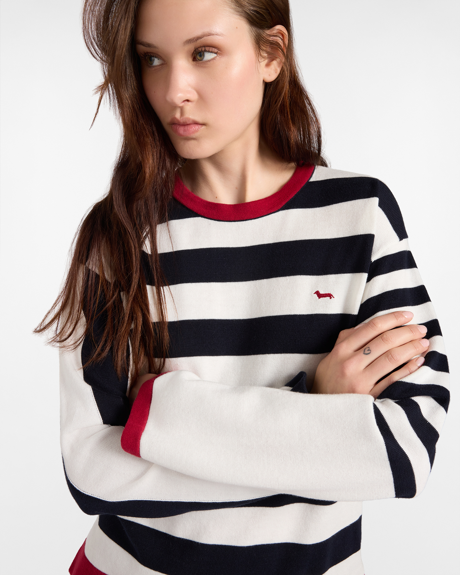 Pull femme &agrave; rayures en coton avec d&eacute;tails en contraste, BLANC, large