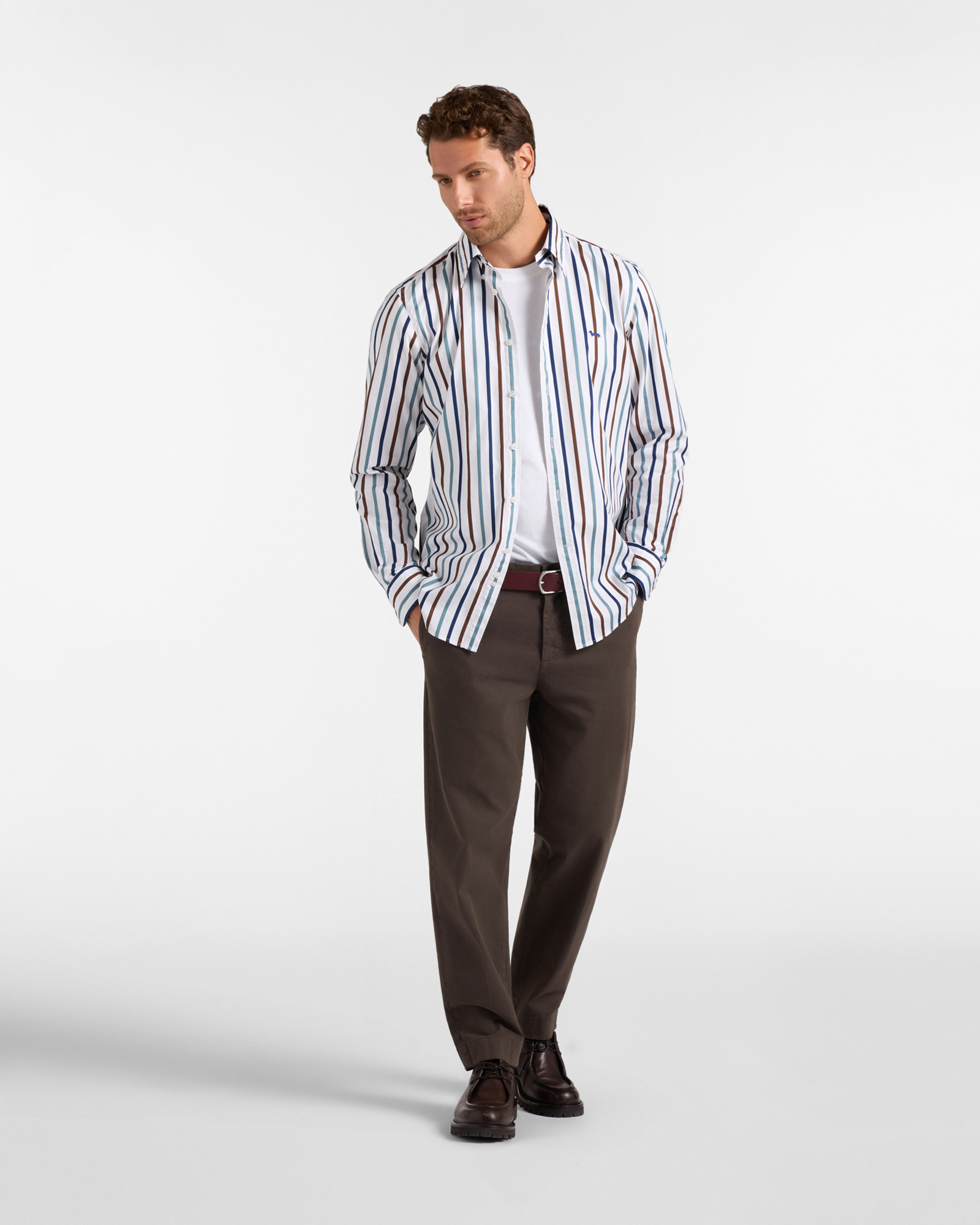 Camicia Uomo Regular Fit in Popeline Tinto Filo con Riga Raso, MARRONE SCURO, large