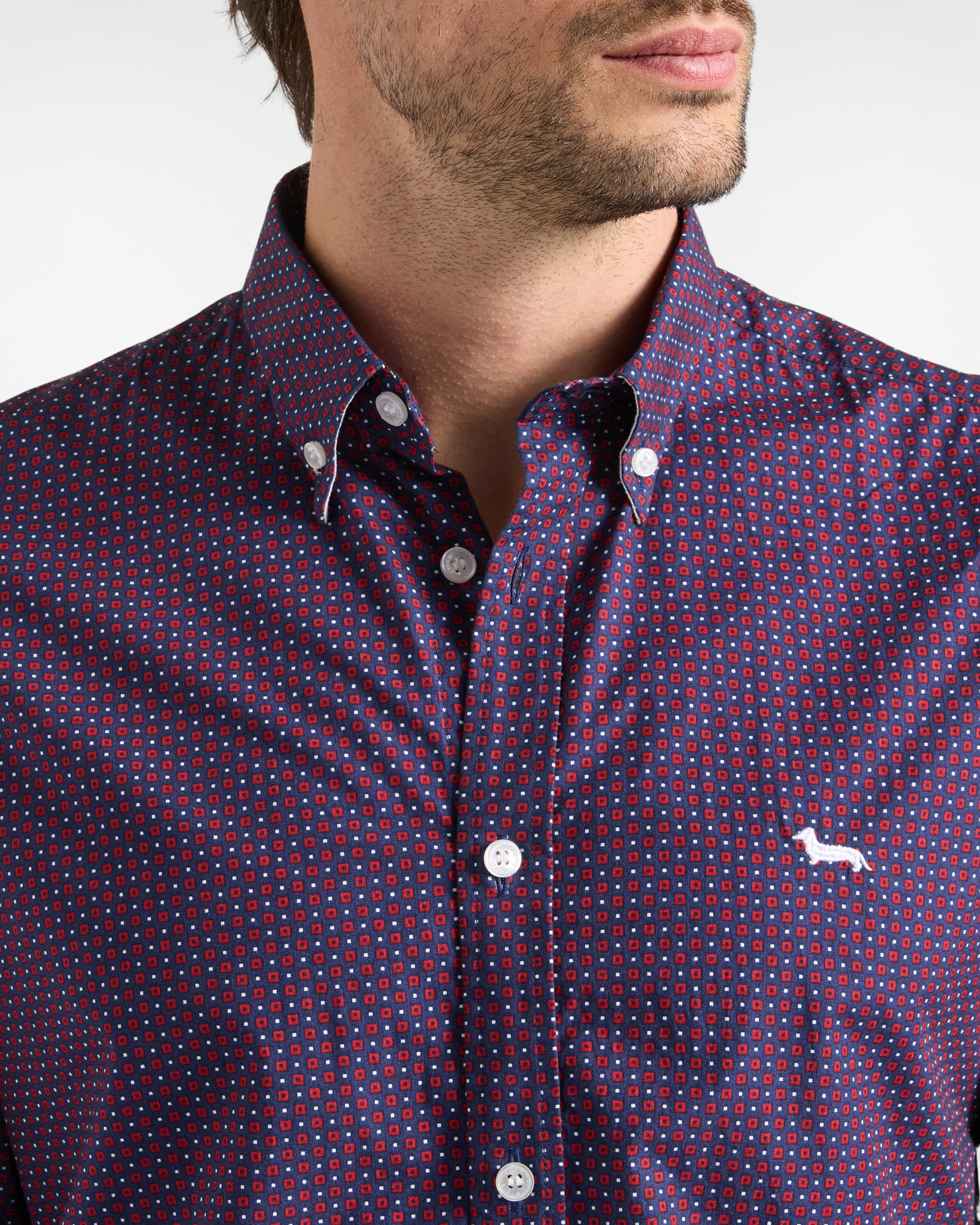 Chemise homme rouge en popeline &agrave; micro-motif g&eacute;om&eacute;trique Regular Fit, ROUGE, large