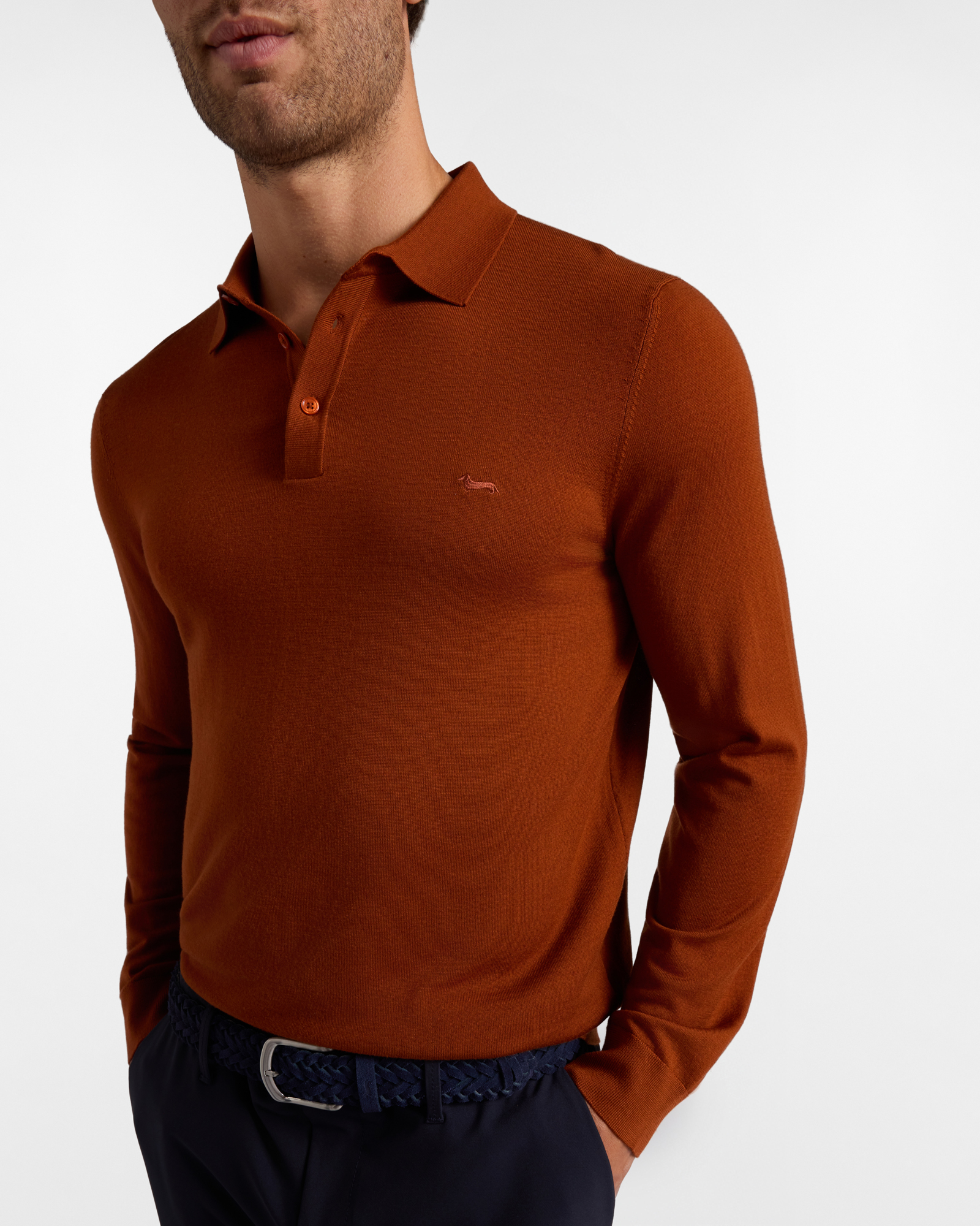 Men's buttoned polo shirt collar sweater in 100% pure wool with regular fit, BRICK RED, large