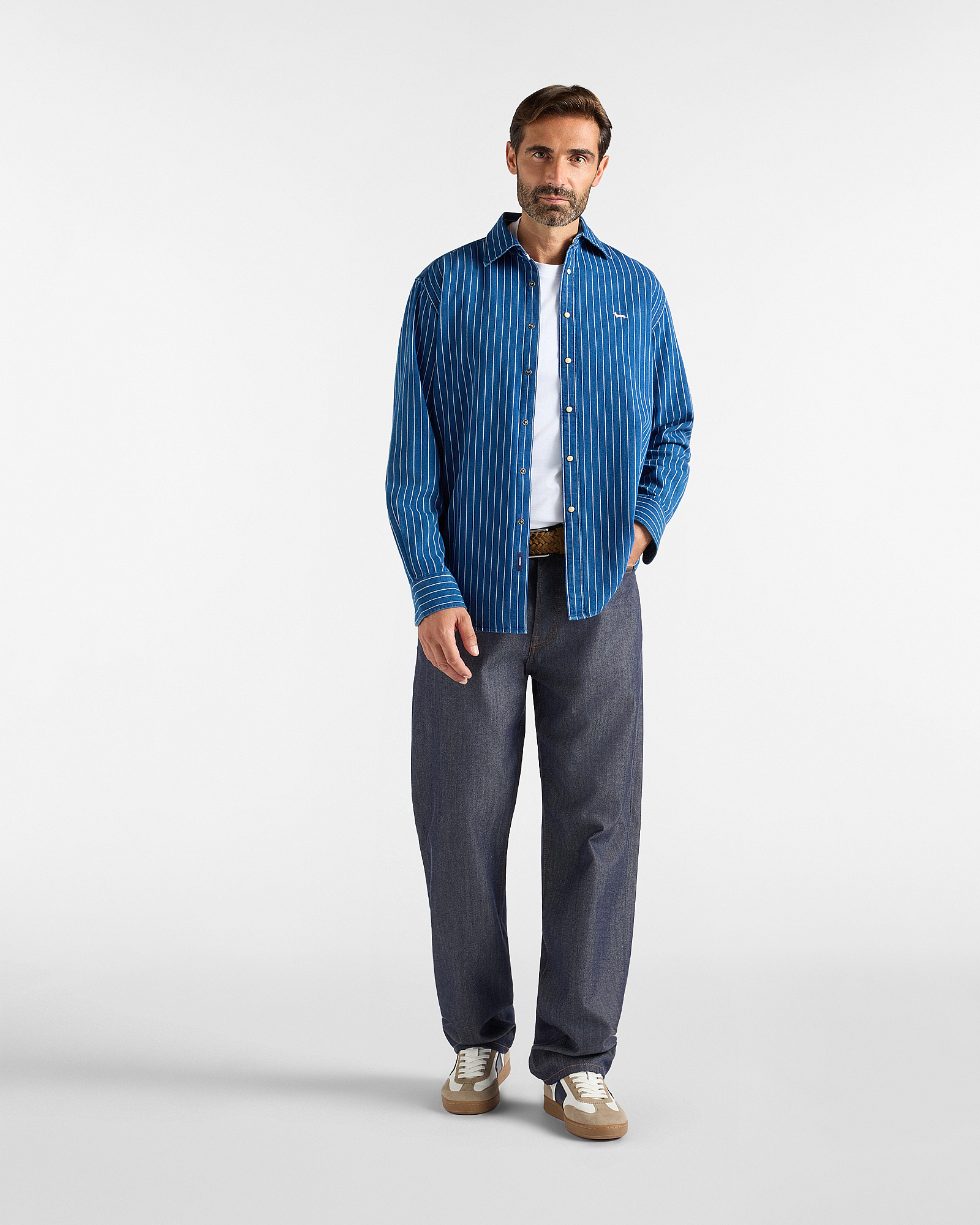 Chemise homme en denim &agrave; fines rayures Classic Fit, BLEU DENIM, large