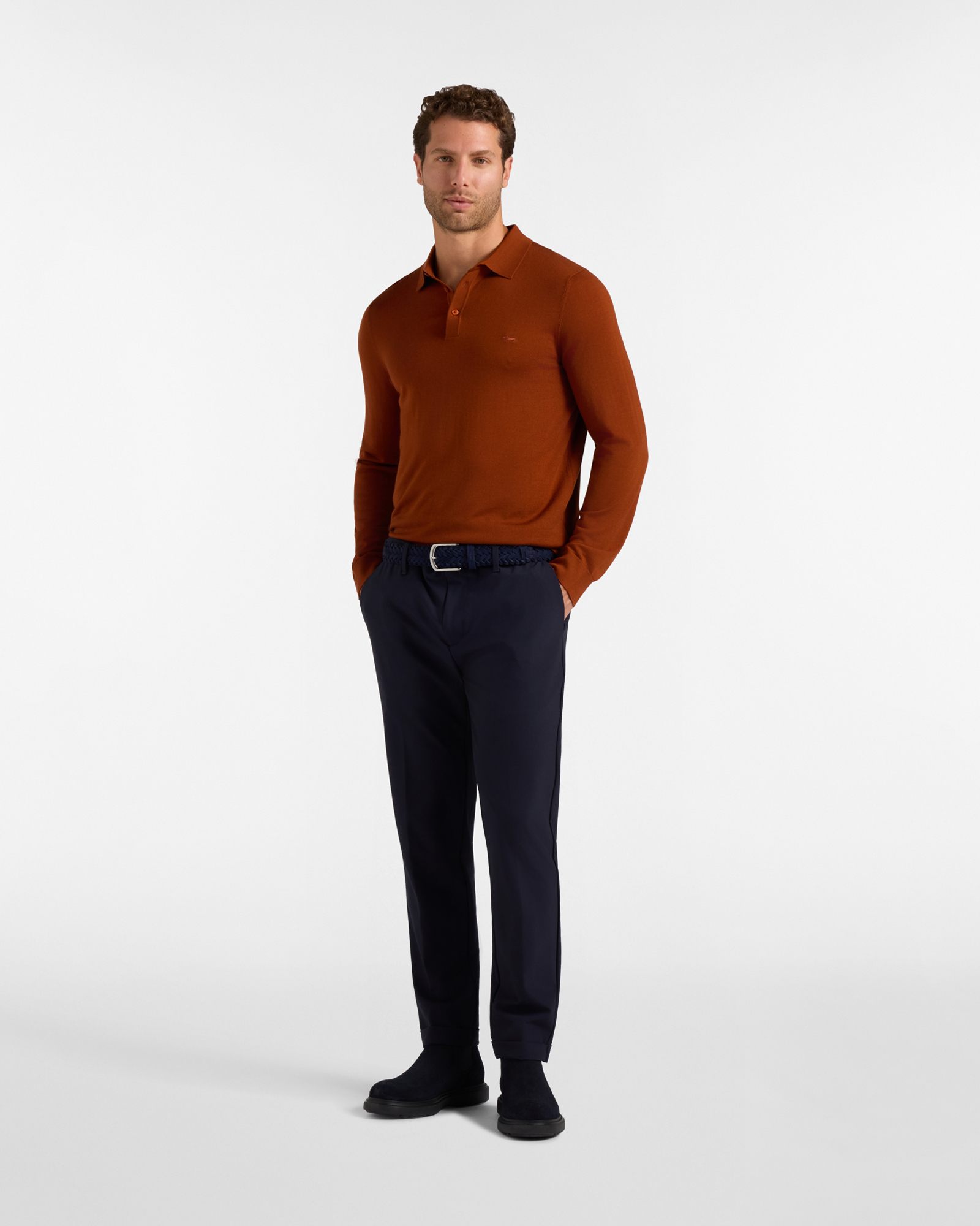 Men's buttoned polo shirt collar sweater in 100% pure wool with regular fit, BRICK RED, large