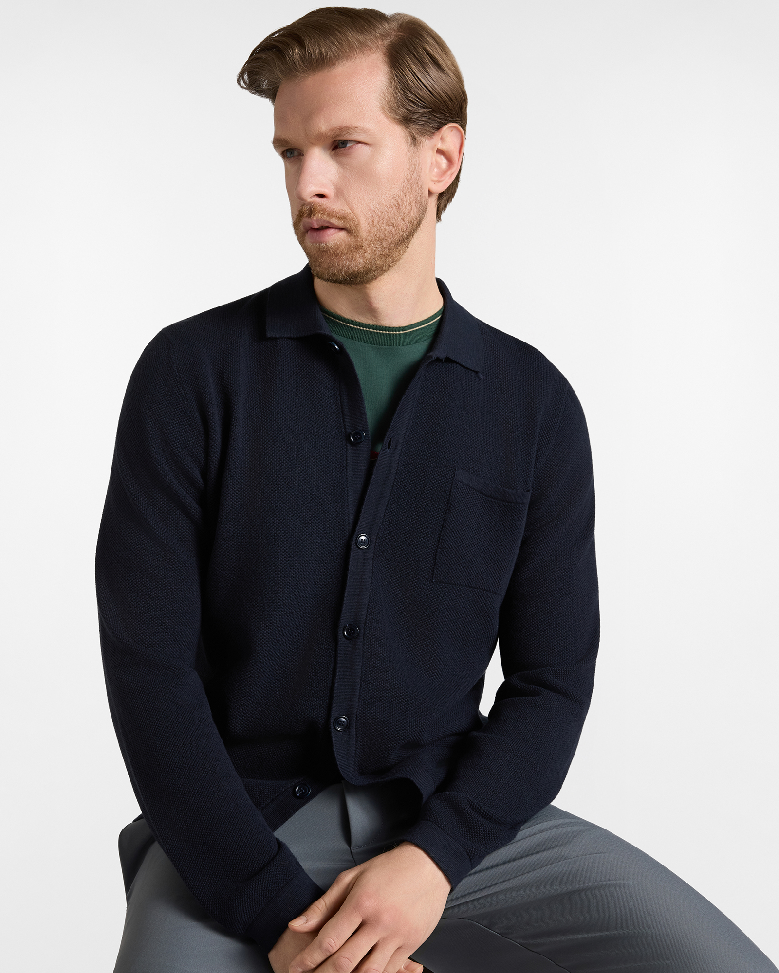 Herrenpullover mit gekn&ouml;pftem Polokragen aus Wolle und Baumwolle in  und regul&auml;rer Passform Made in Italy, MARINEBLAU, large