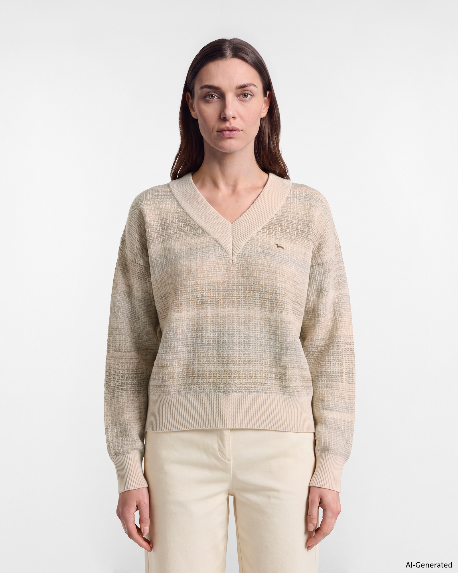Pul&oacute;ver Mujer con cuello de pico profundo en 100 % pura lana color beige Made in Italy