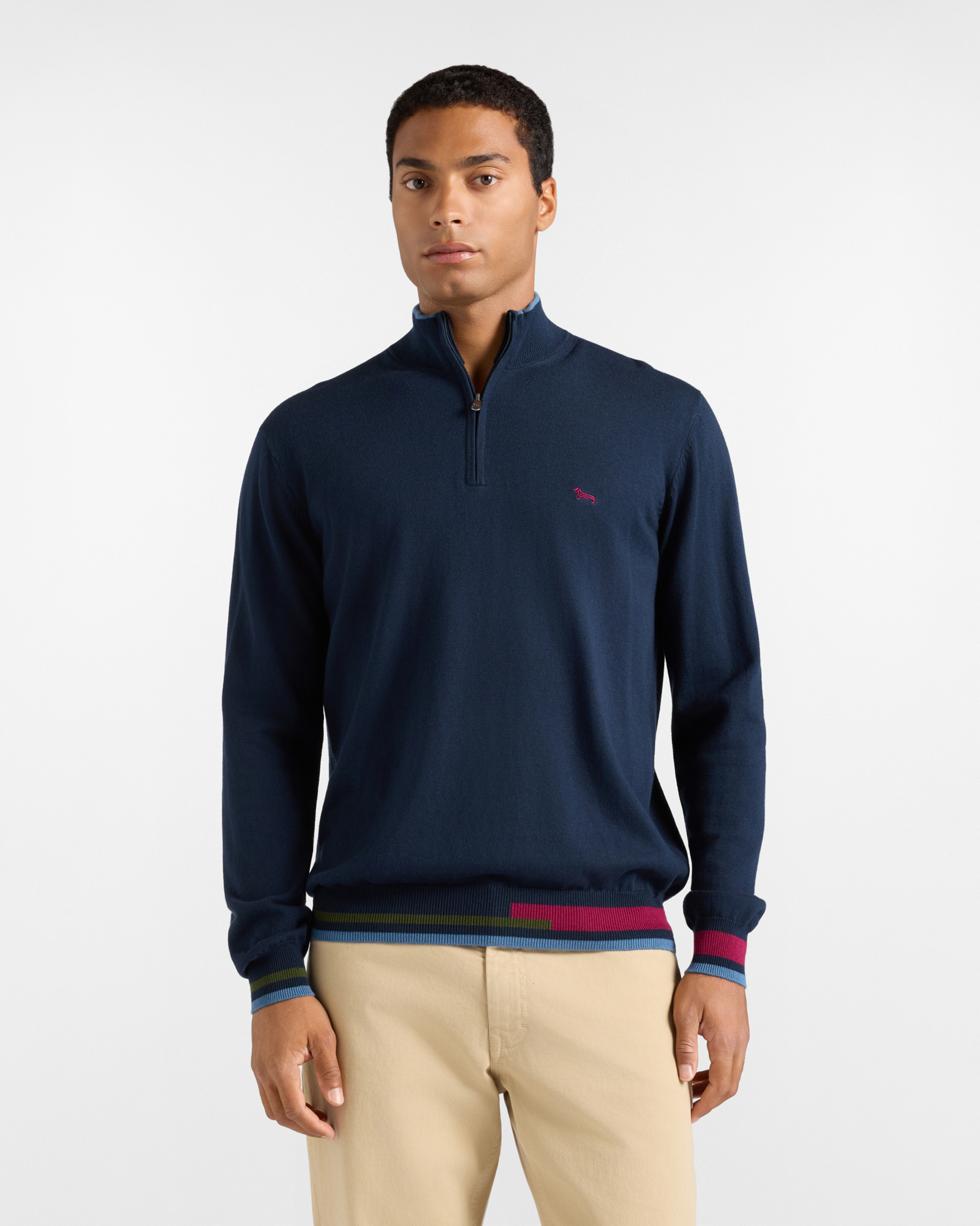 Men's regular fit sweater with half-zip stand-up collar in wool and cotton blend, NAVY BLUE, large