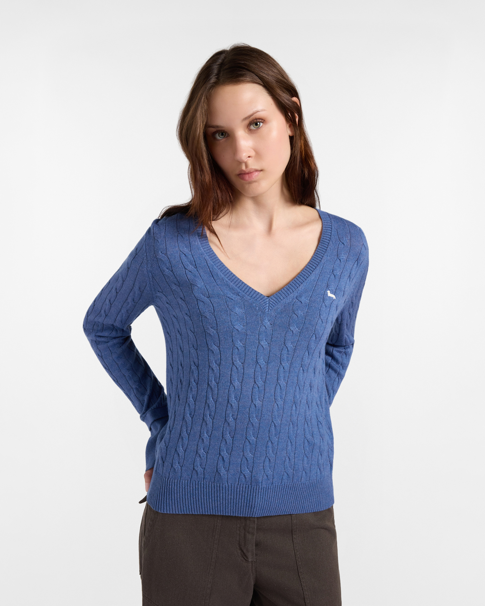 Maglia Donna con scollo a V in misto lana con cachemire blu Regular Fit