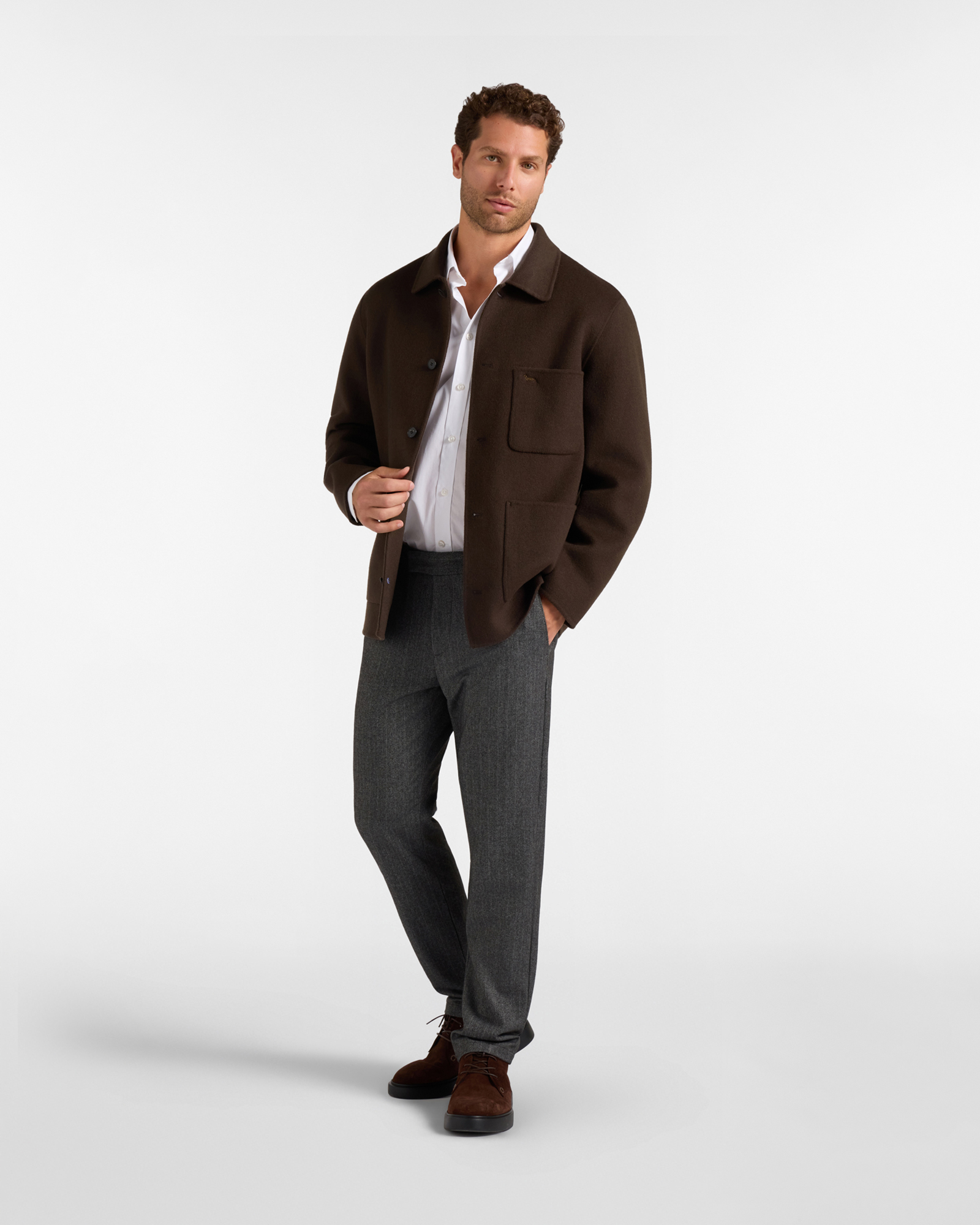 Men&rsquo;s pure wool overshirt with patch pockets, DARK BROWN, large